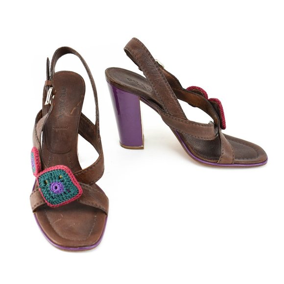 PRADA: Brown, Leather & Patent Color-Block Heels - Picture 1 of 8